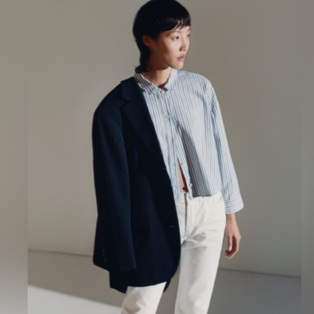 Everlane The Woven Striped Button Down Cropped Cotton PJ Top L NWT - Picture 2 of 8